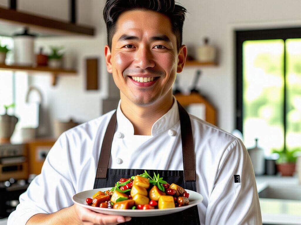 40代、明るく親しみやすい雰囲気の日本人シェフが、美味しそうな家庭料理を載せたお皿を持って、温かく微笑んでいます