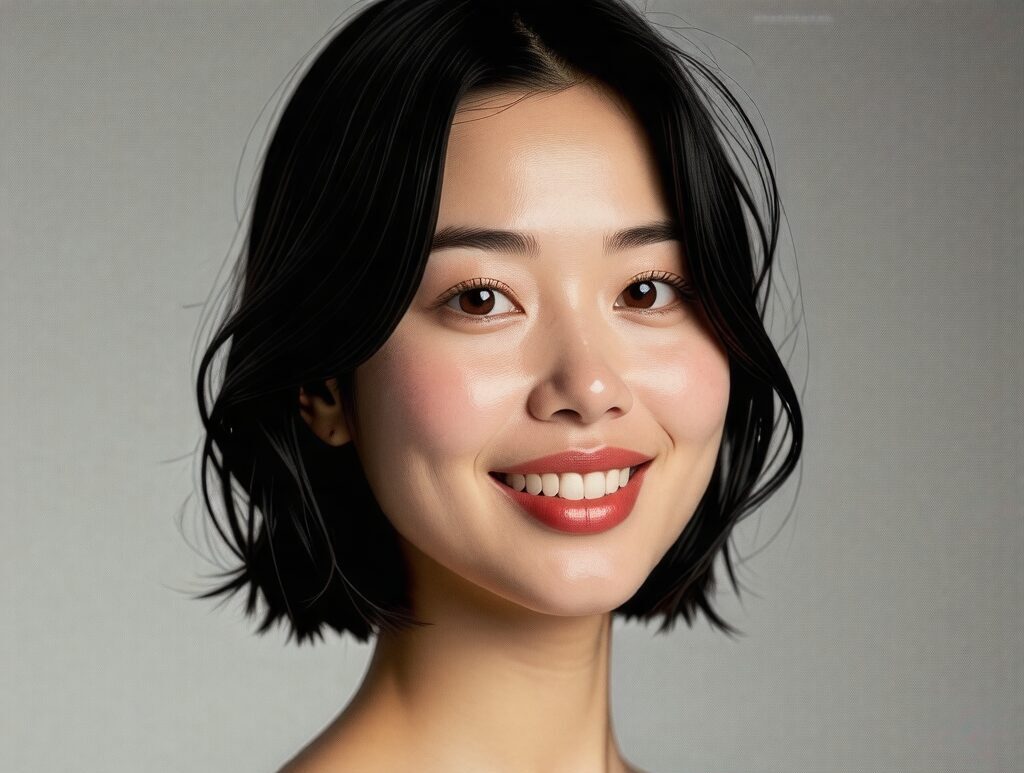 黒髪ショートヘアで白いドレスを着た美しい日本人女優が優しく微笑んでいる